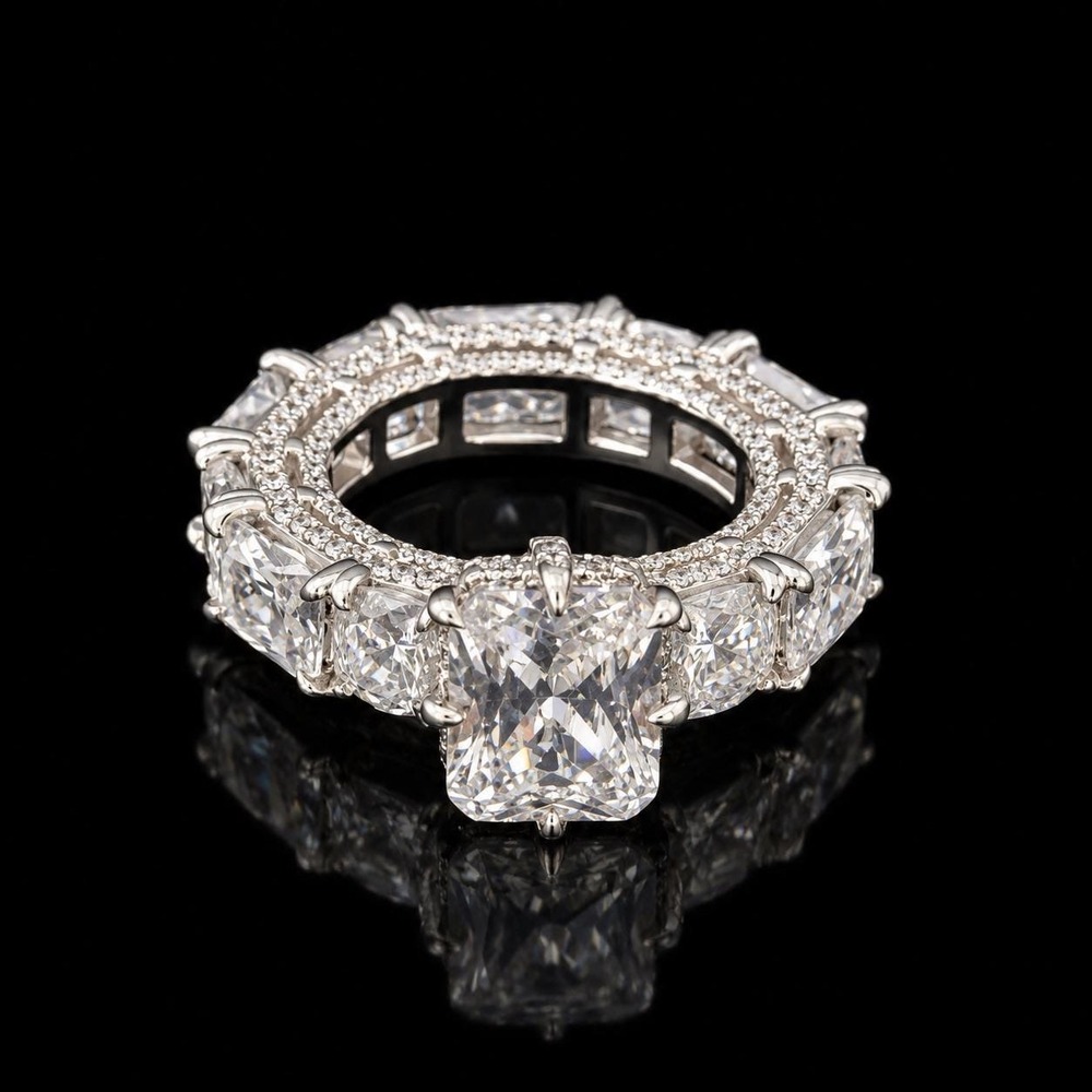 Radiant Cut Cubic Zirconia Eternity Statement Ring Silver Tone Size 5